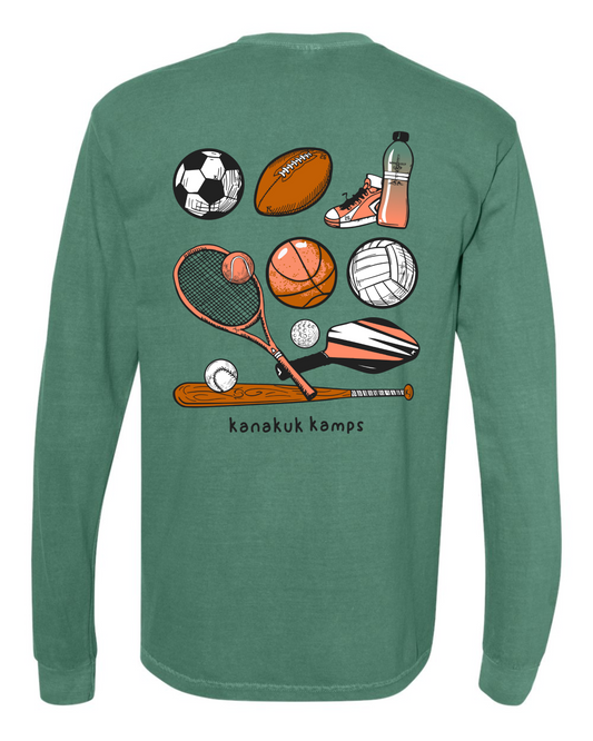 Kanakuk Comfort Colors long sleeve tee in Light Green with full-color sports graphic on back