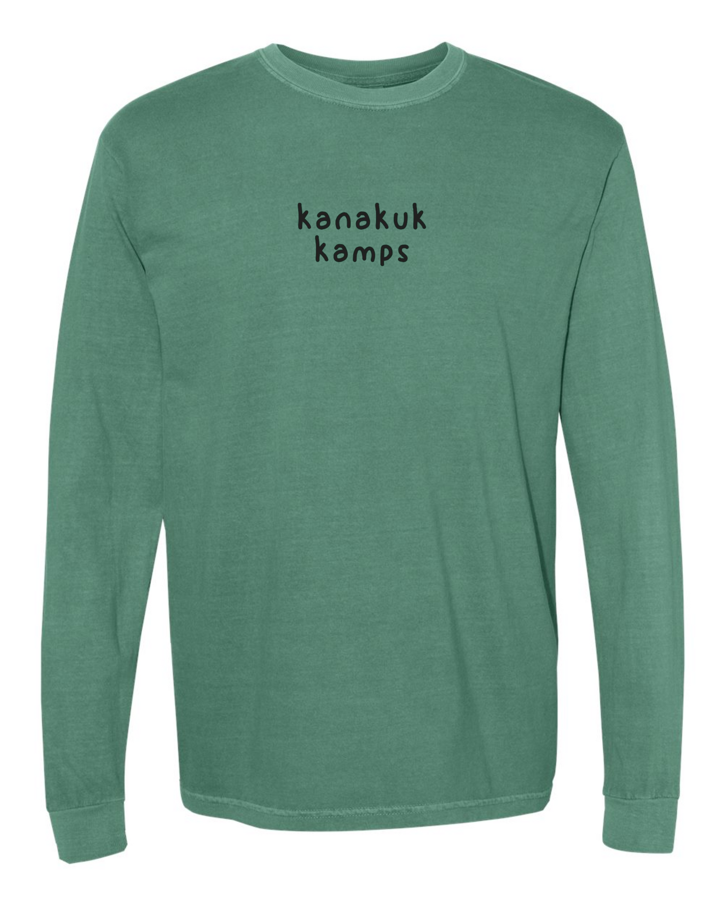 Front of Light Green long sleeve Kanakuk tee with small “kanakuk kamps” text on chest