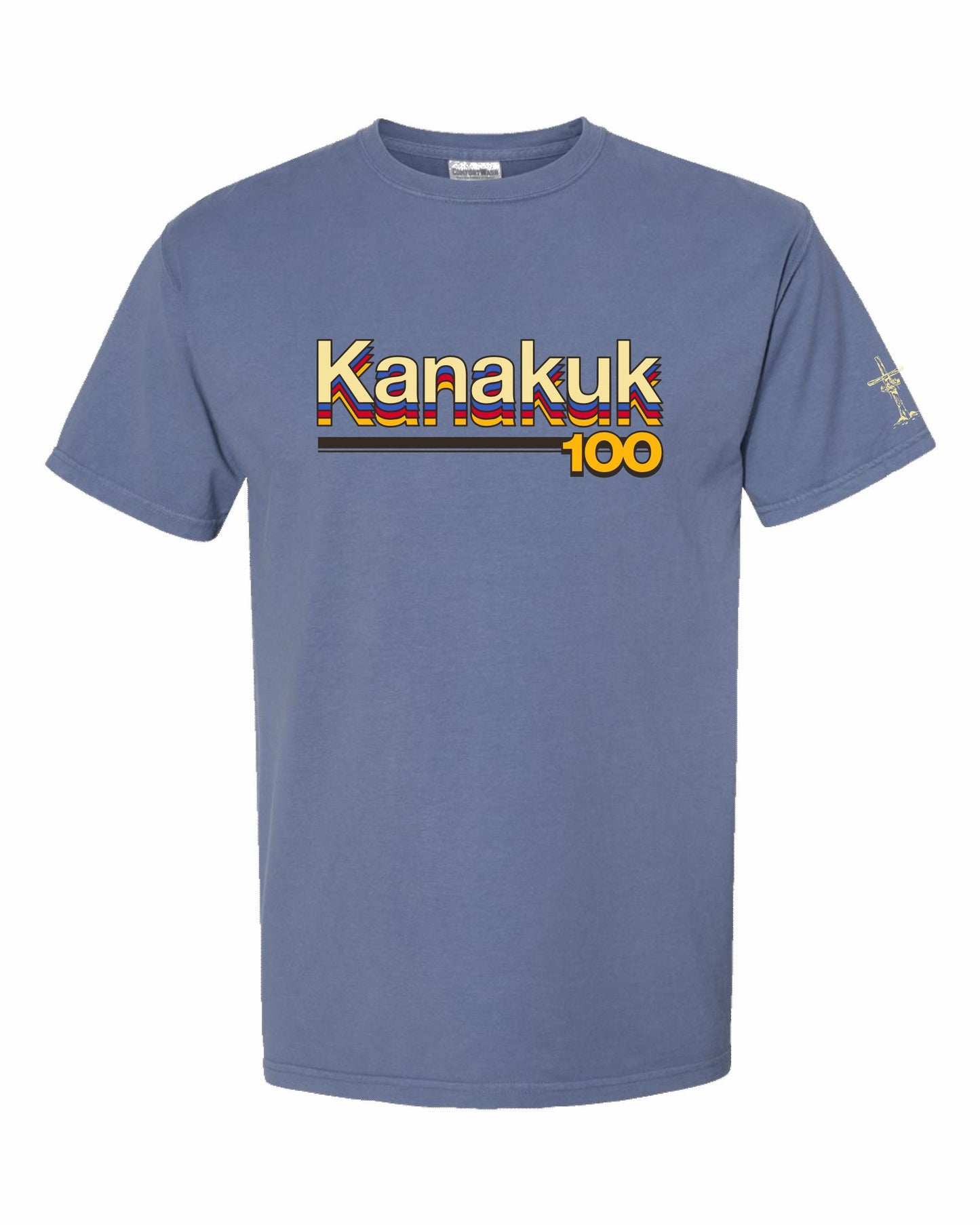 Saltwater blue Kanakuk tee with retro multicolor graphic and Cross & Tennis Shoe logo on sleeve