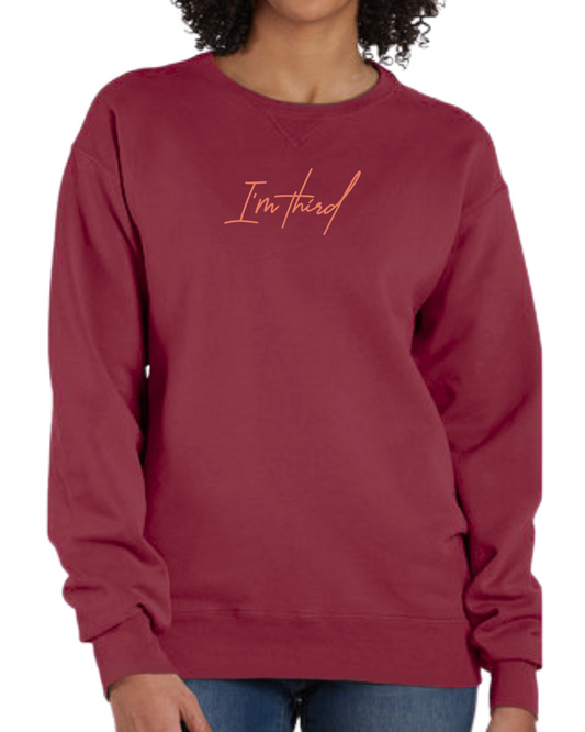 Kanakuk I'm Third sweatshirt in Cayenne red with Coral ink and Cross & Tennis Shoe logo