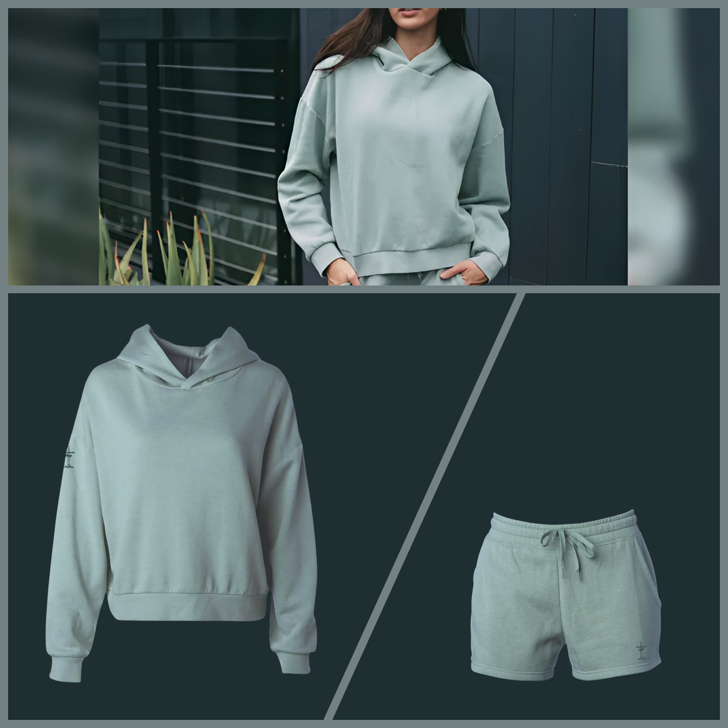 Fleece Hoodie and Shorts Set, Sage